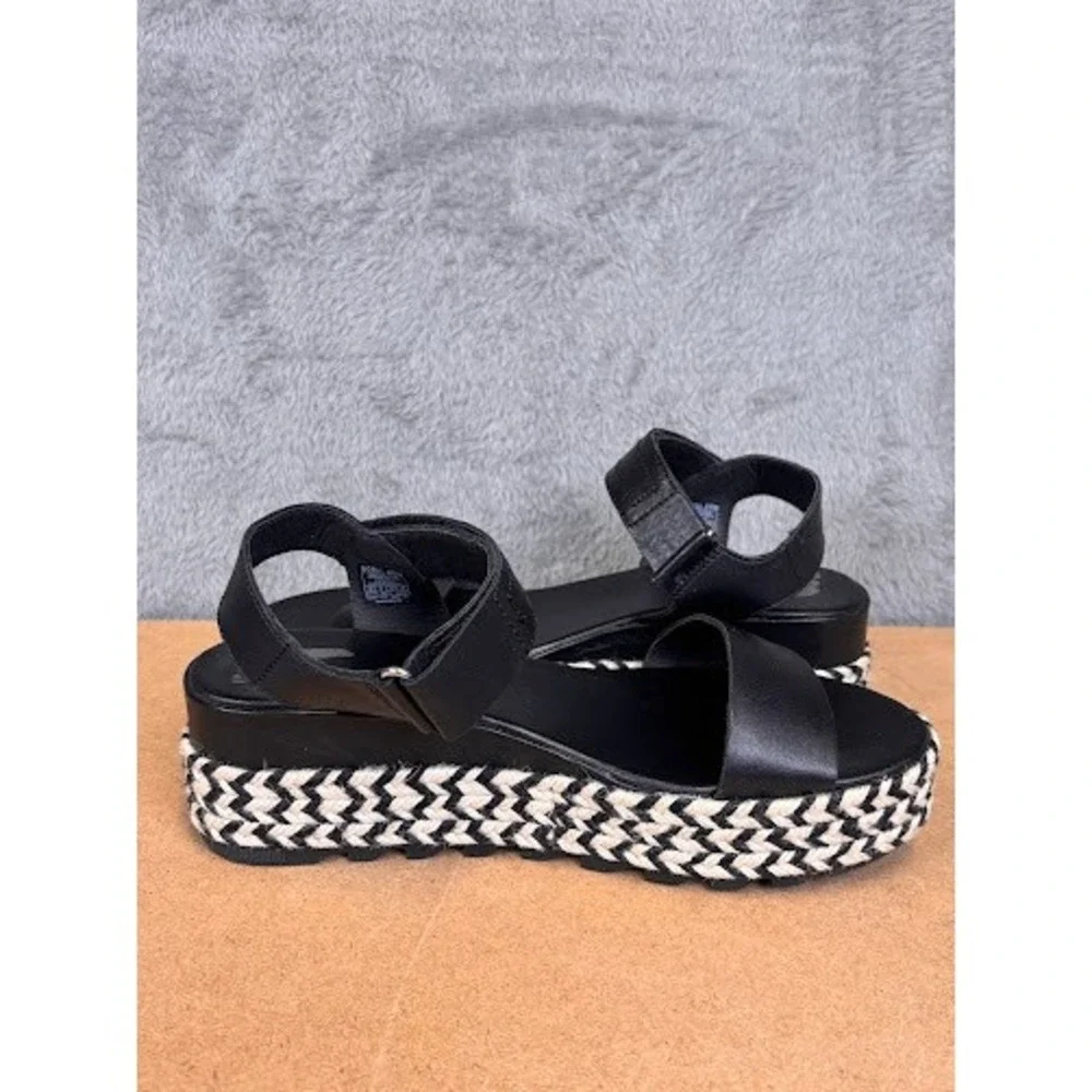 Sorel Cameron Flatform Sandals Black Leather Chevron Espadrille Womens 10 NL4012